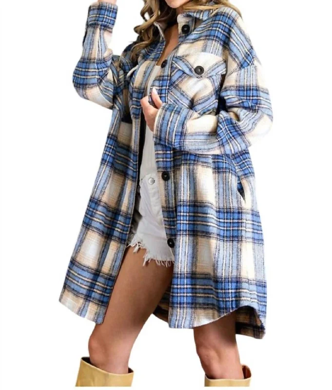 Vibrant Prints Lauren Flannel Plaid Oversized Shacket In Denim Multi