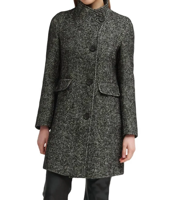 Classic Appeal Gery Woman's Tweed Coat In Black & White Herringbone