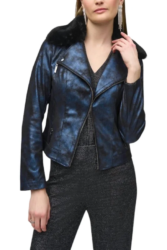 Timeless Elegant Foiled Suede Jacket With Faux Fur Collar In Blue / Black