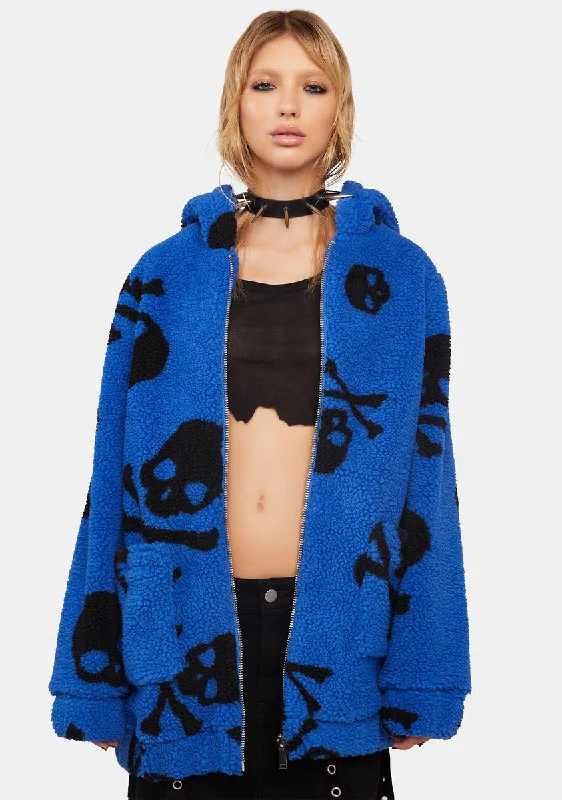 Beat The Heat In Tropical Styles Skull On My Sleeve Sherpa Jacket - Blue