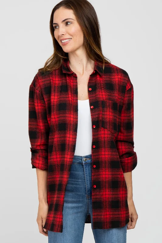 Minimalist Elegant Red Black Plaid Button Down Top