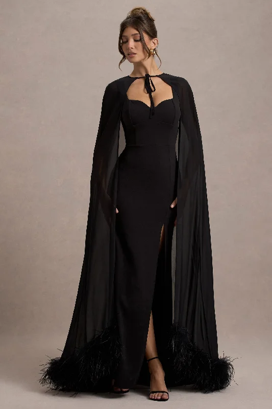 Chic Styles Veranna | Black Chiffon Cape with Fur Trim