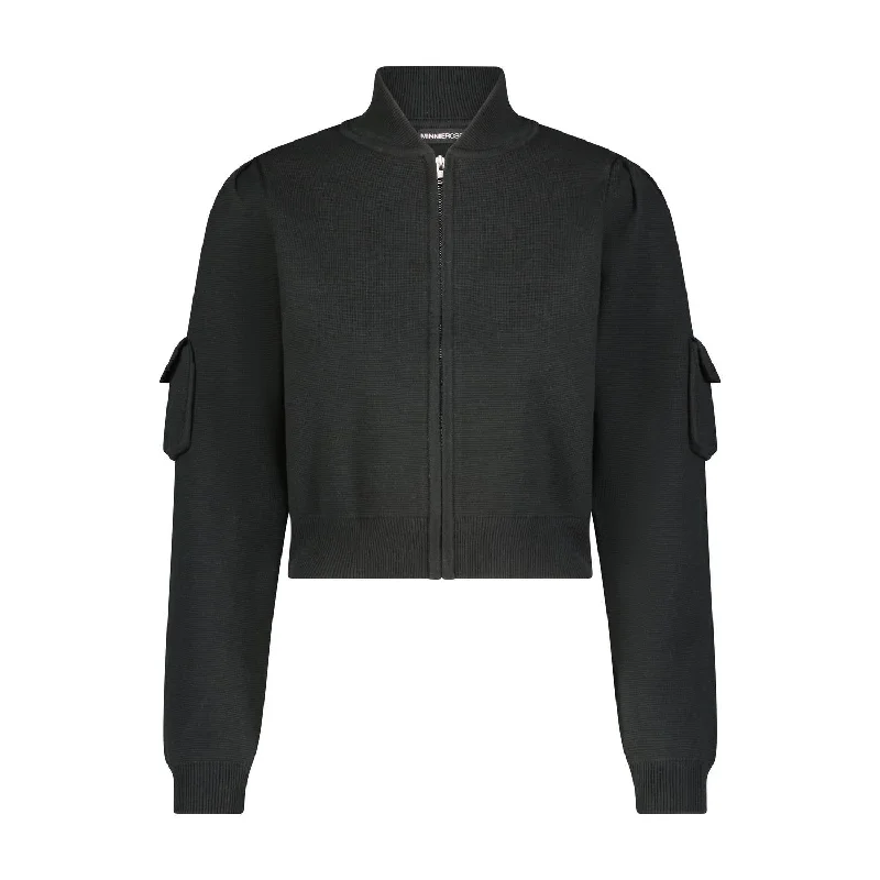 Fashion For Every Occasion Cotton Blend Crop Bomber Jacket In Black Onyx