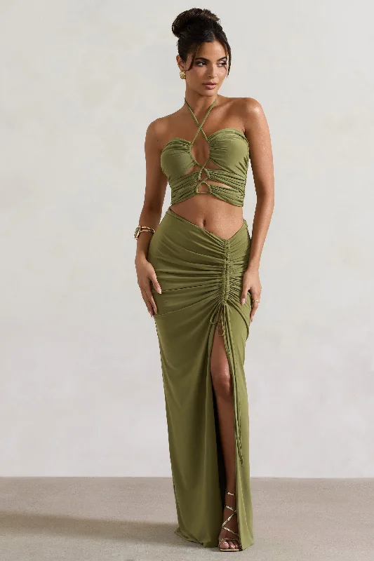 Minimalist Elegant Cabo | Olive Ruched Split Maxi Skirt