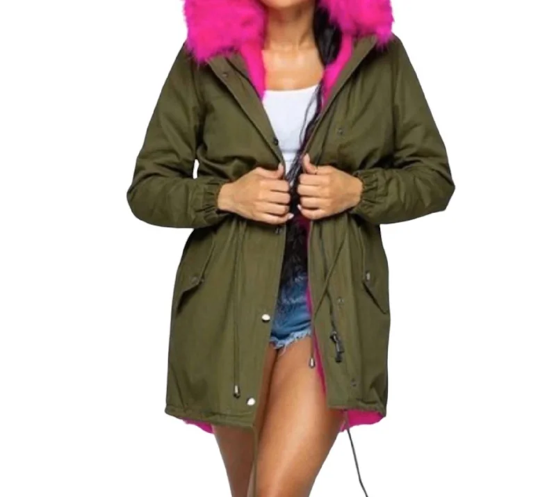 Seasonal Trend Hooded Coat With Hot Pink Fur In Olive