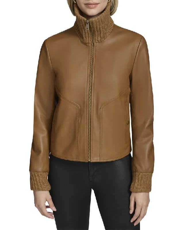 Wardrobe Essentials Andrew Marc Black Label Beatrix Rib-Knit Trimmed Leather Jacket