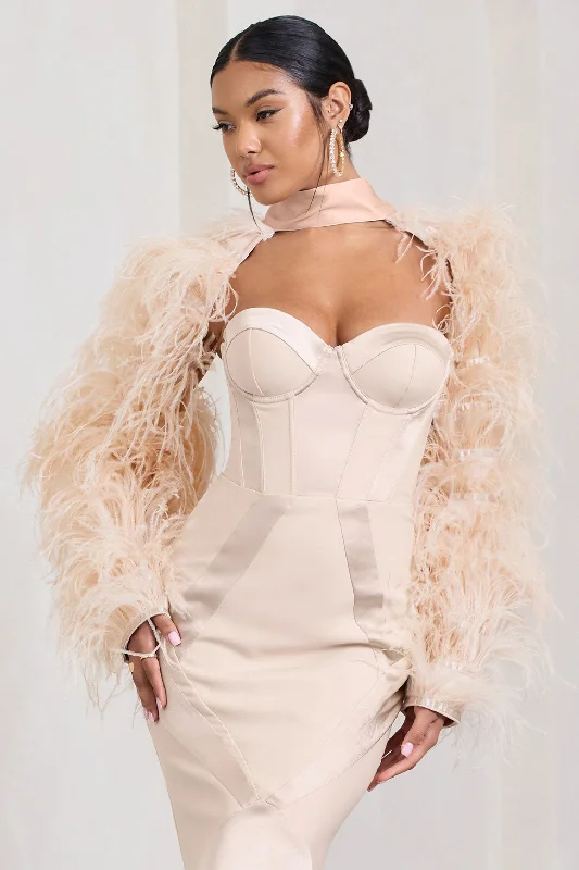 Seasonal Trends Wild | Champagne Satin Jacket With Long Feather Sleeves