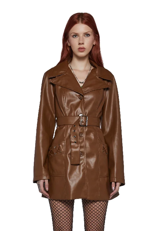 Vibrant Femme Fashion Rendezvous Vegan Leather Trench Coat - Brown