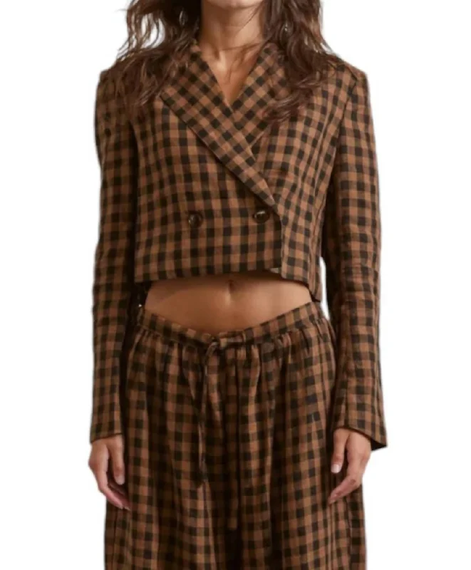 Vintage Look Cropped Plaid Linen Jacket In Brown