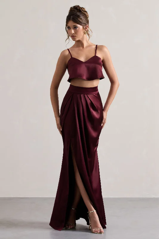 Trendy Women's Wear Free Feeling | Plum Satin Split Maxi Skirt