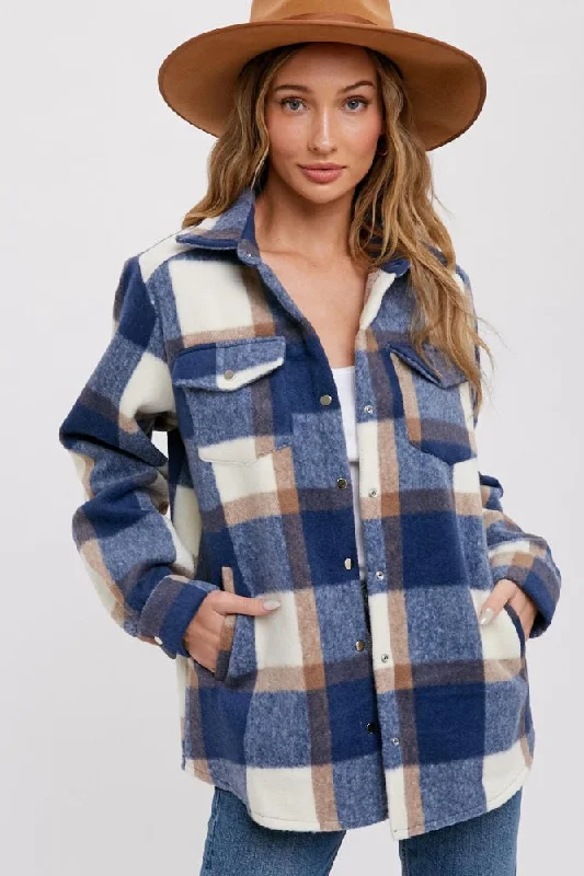 Trendy Fashion for Women Navy Plaid Fleece Shirt Jacket