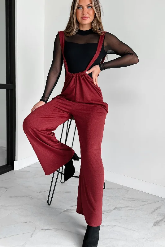 Fashion Forward Message Received Wide Leg Suspender Jumpsuit (Wine)