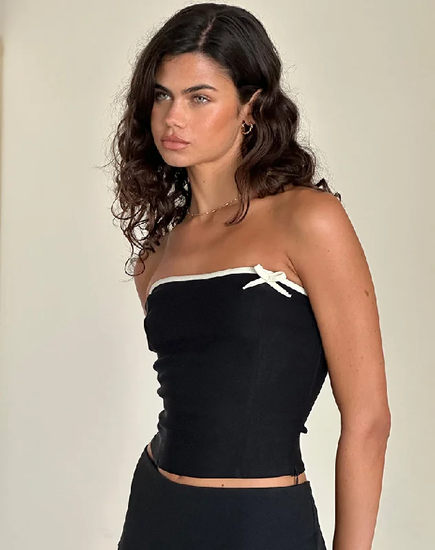 Chic Styles Matuha Bandeau Top in Black with Ivory Bow