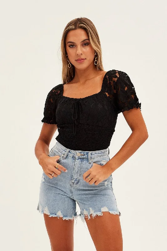 Athleisure Wear Special Offer Black Lace Bodysuit Short Sleeve Sweetheart Neckline