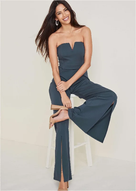 Boutique Styles Front Slit Jumpsuit  - Navy