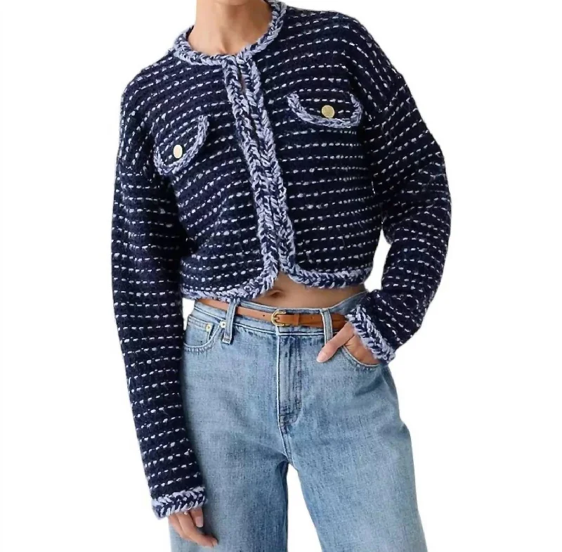 Chic Styles Cropped Lady Jacket In Marled Yarn In Navy