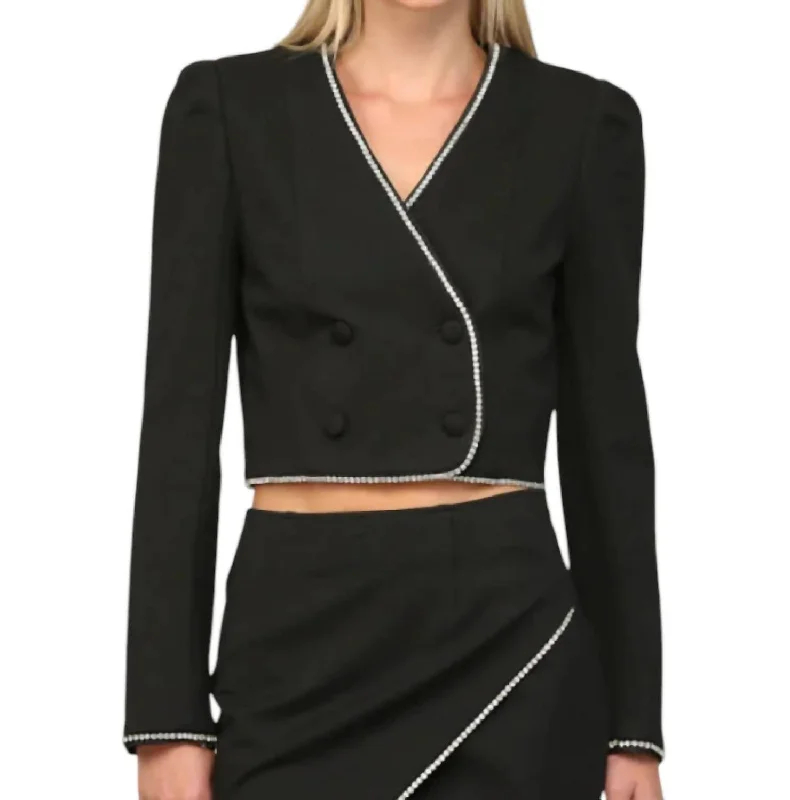 Feminine Elegance Rhinestone Trimmed Cropped Blazer In Black