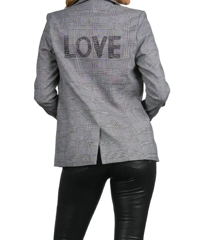 Minimalist Chic Blazer With Love In Grey/black Plaid