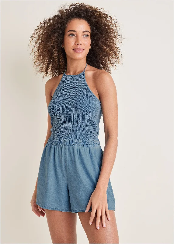 Imeless Style Smocked Chambray Romper - Medium Wash