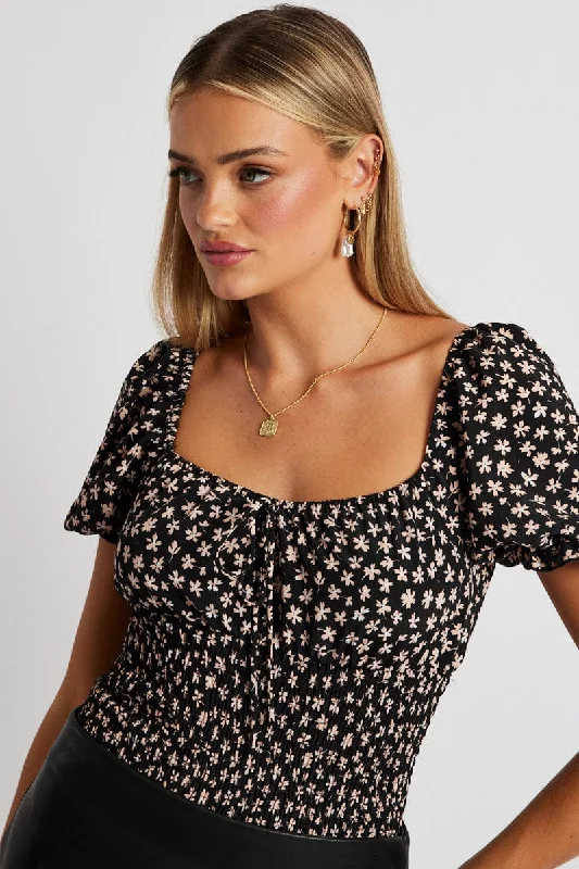 Alluring Design Black Ditsy Bodysuit Short Sleeve