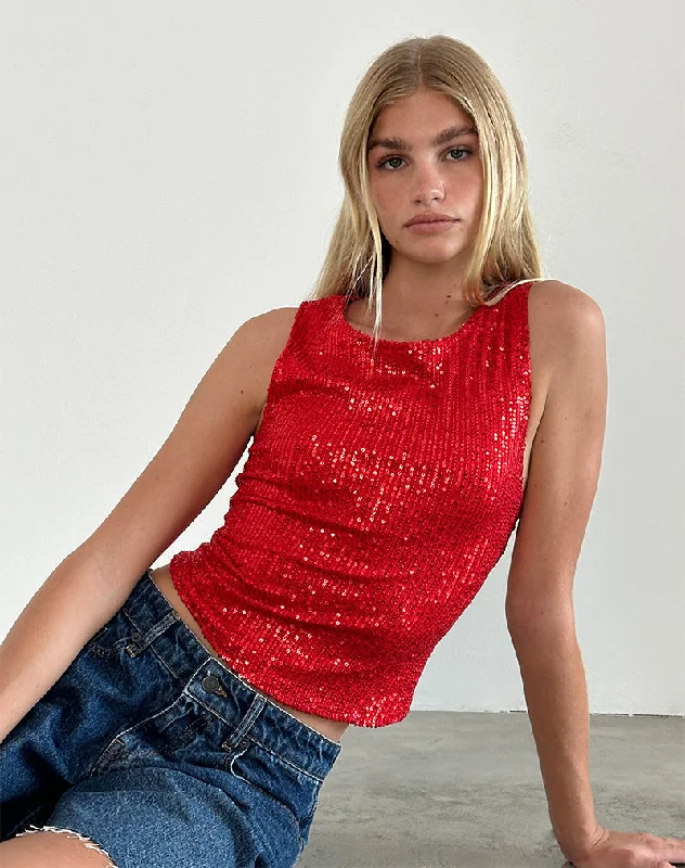 Fashion Sale Hala Vest Top in Red Drape Mini Sequin