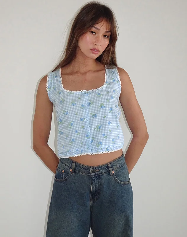 Big Discounts Ternya Top in Blue Flower Gingham