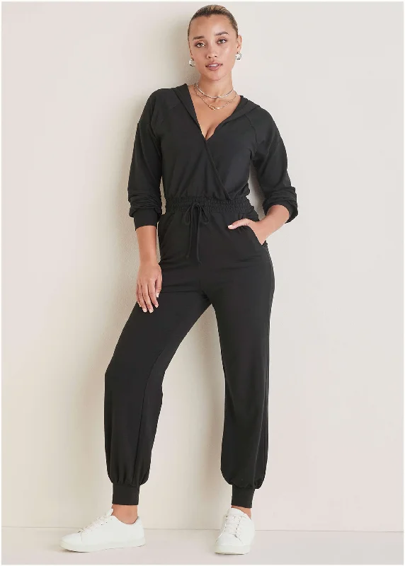 Trend Forward Threads For Her Casual Hooded Jumpsuit - Black