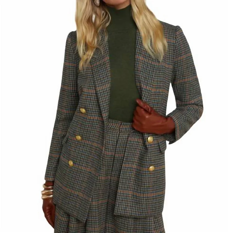 Fashion Forward Outfits Aimee Relaxed Double Breasted Breast Blazer In Tan/teal Plaid