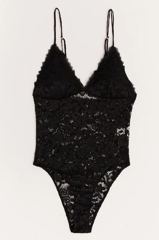 Holiday Sale Black Floral Lace One Piece Teddy Bodysuit