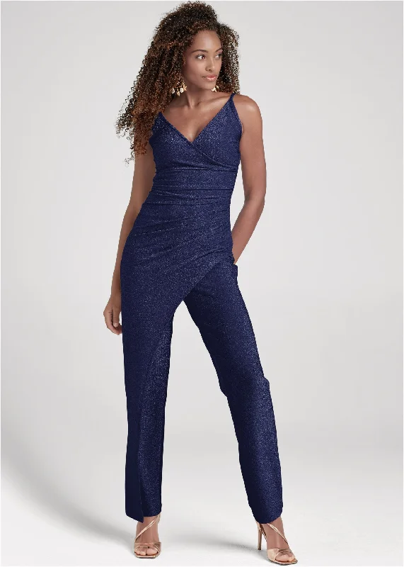 Everyday Glamour Sparkle Overlay Jumpsuit - Navy