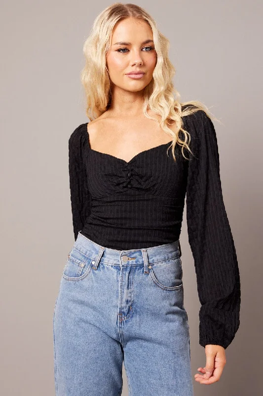 Stylish Looks Black Bodysuit Long Sleeve Ruched Textured