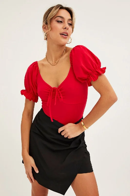 Feminine Soft - Hued Look Red Bodysuit Short Sleeve Sweetheart Neckline Jersey