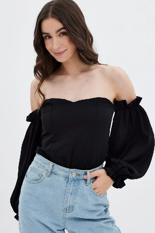 The Latest Trends Black Off Shoulder Balloon Sleeve Bodysuit