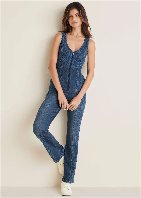 Huge Markdowns Lace Print Denim Jumpsuit - Medium Wash