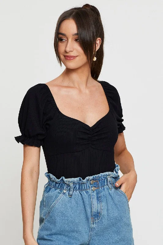 Stay Ahead In Style Black Ruched Bodysuit Puff Sleeve