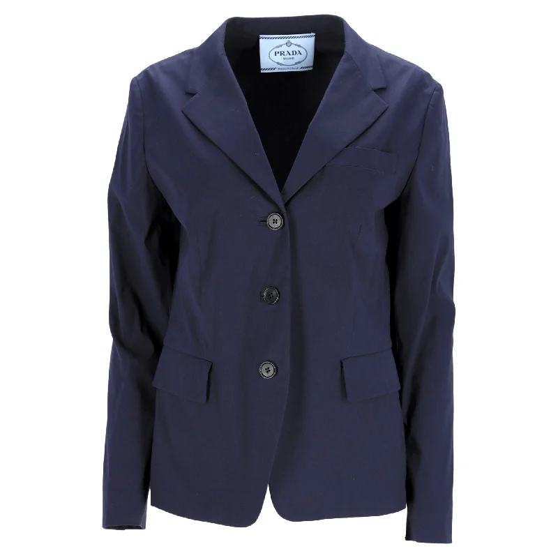 Exquisite Women's Wear Sale Prada Single-Breasted Blazer in Navy Blue Cotton