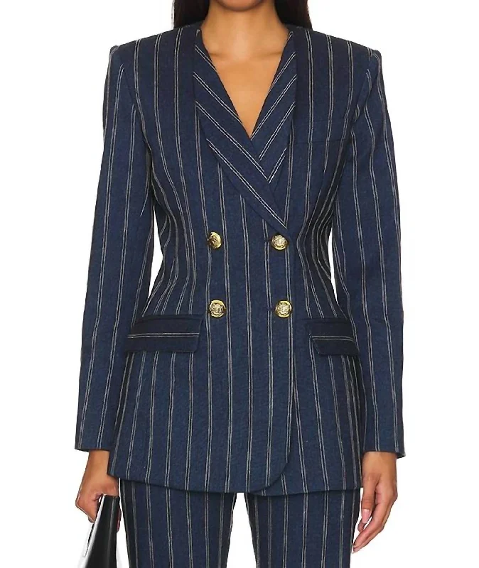 Chic Outfits Pinstripe Double Breasted Blazer In Navy