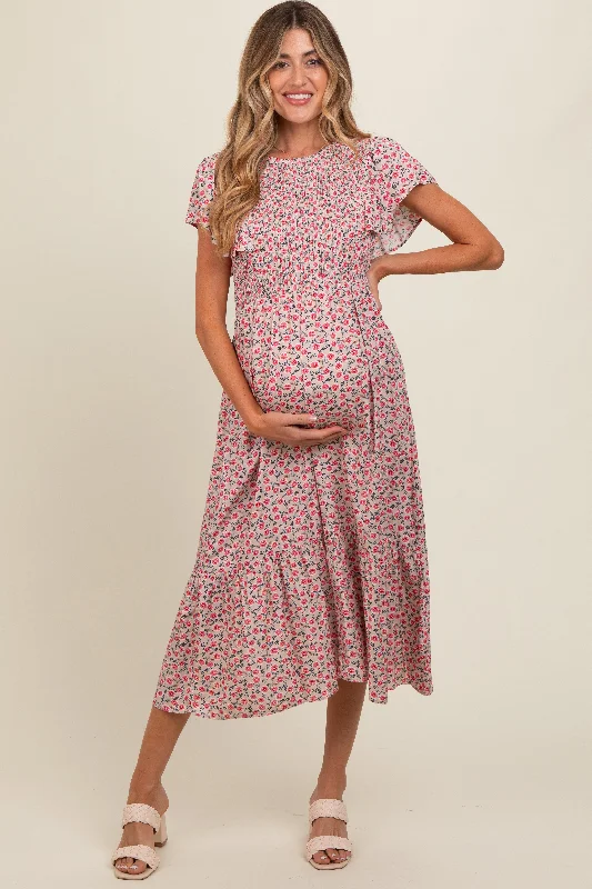 Spring Fling Sale Beige Floral Smocked Maternity Midi Dress