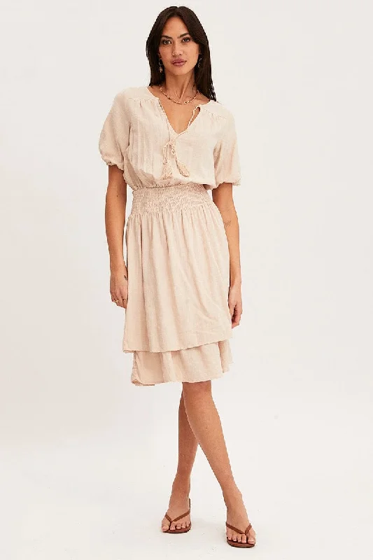 Durable Fashion Picks Beige Midi Dress Short Sleeve V Neck