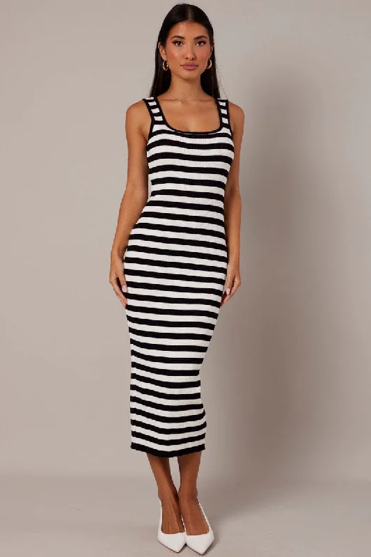 Rustic Countryside Charm Look Beige Stripe Knit Midi Dress Sleeveless Scoop Neck Bodycon Rib