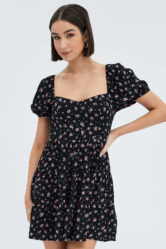 Buy More, Save More Black Floral Fit And Flare Dress Puff Sleeve Mini