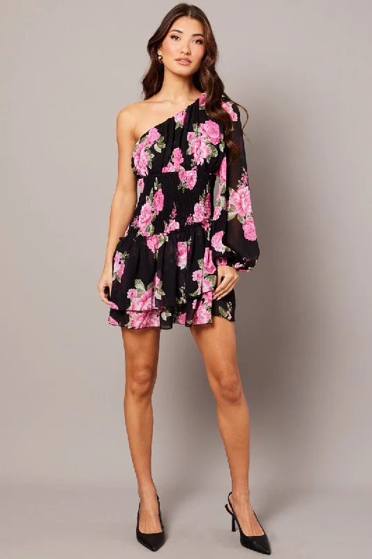 Chic Trend Collection Black Floral One Shoulder Balloon Sleeve Layered Skater Dress