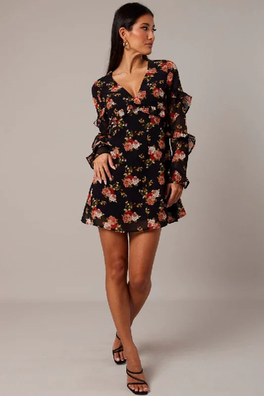 Flash Sale Fever Black Floral Smock Dress Ruffle Sleeve Dress