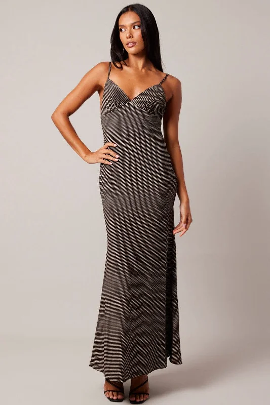 Feminine Elegant Black Geo Maxi Dress Strappy