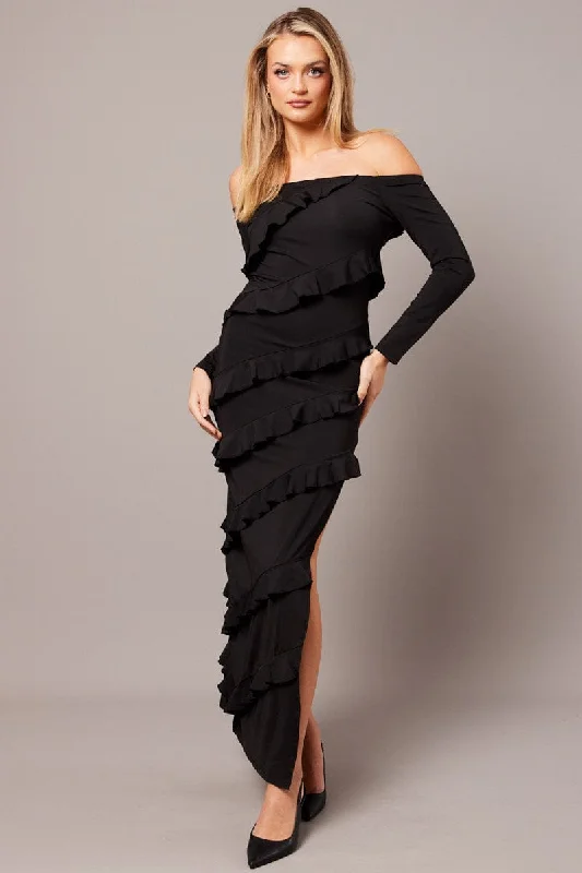 Exclusive Deals Online Black Maxi Dress Off Shoulder Ruffle Bardot Dress