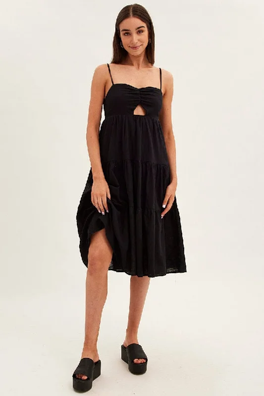 Chic Styles Black Midi Dress Sleeveless Ruched Tiered