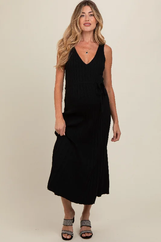 Chic Trends Unveiled Black Pleated V-Neck Waist Tie Sweater Maternity Maxi Dress