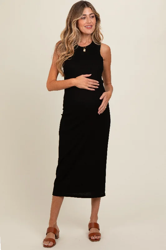 Evening Elegance Black Ribbed Knit Sleeveless Maternity Dress