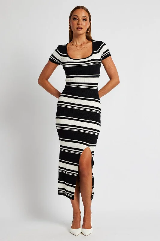 Romantic Flair Black Stripe Knit Dress Short Sleeve Bodycon Midi