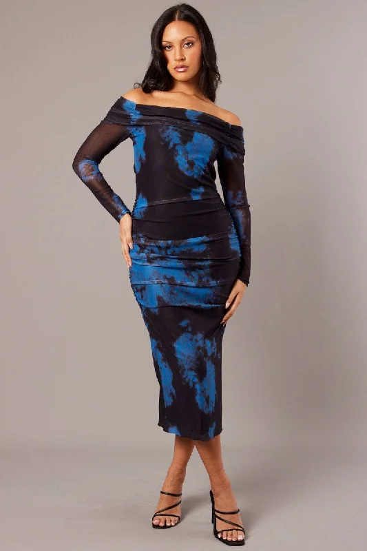 Dreamy Draping Blue Abstract Bodycon Dress